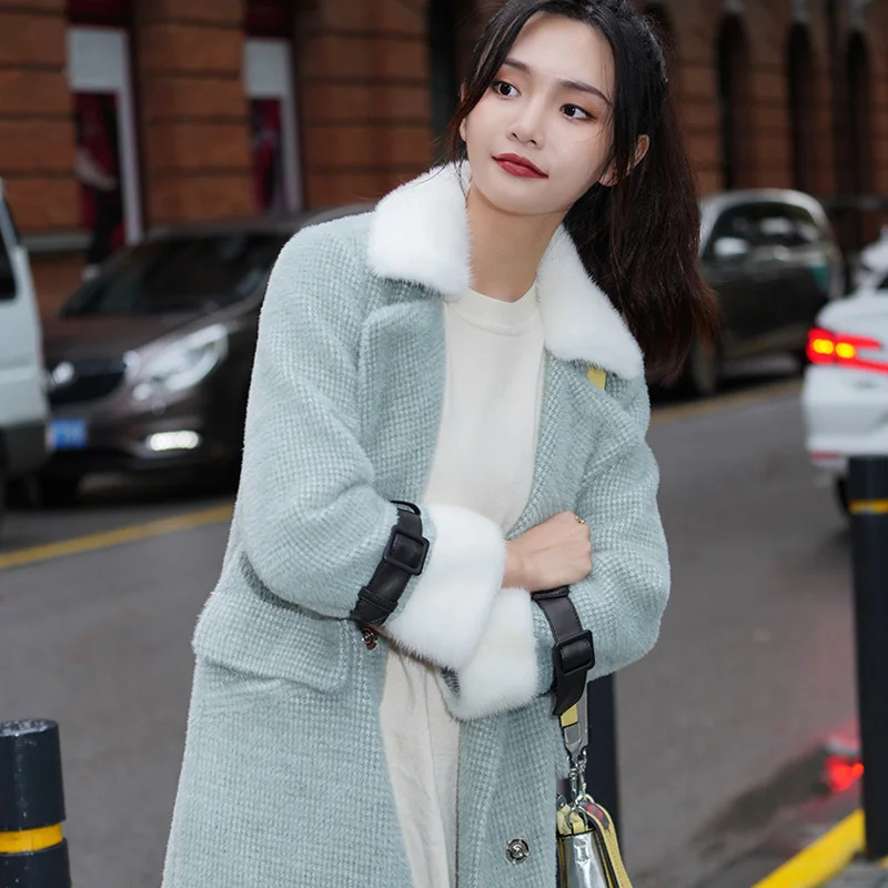 

Coat Fur Real Female Winter Wool Jacket with Mink Fur Collar Korean Long Thick Ladies Cashmere Coats Women Clothes 8820 s