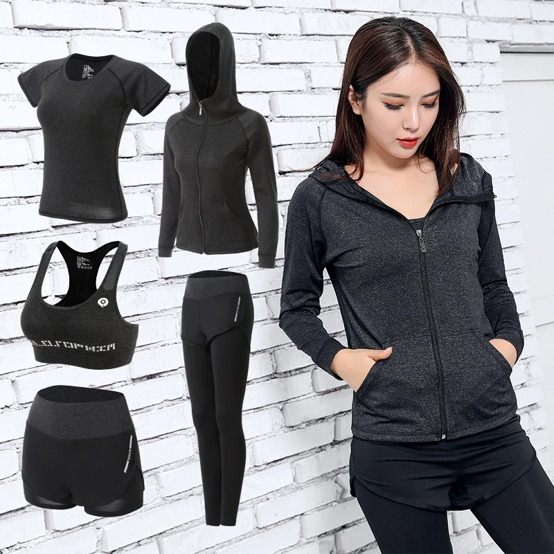 

5PC Set Sports Wear For Women Gym Clothing Fitness Leggings Bra Women's Sports Suits Workout Outfit Running Clothes Set
