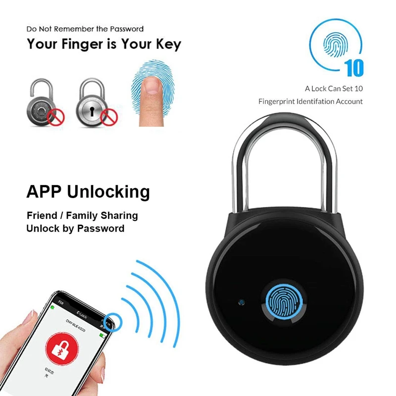 Замок с отпечатком пальца, приложение Smart Padlock не требует регистрации, Ip65 Всепогодный, Bluetooth замок с бесключевым Биометрическим подходом