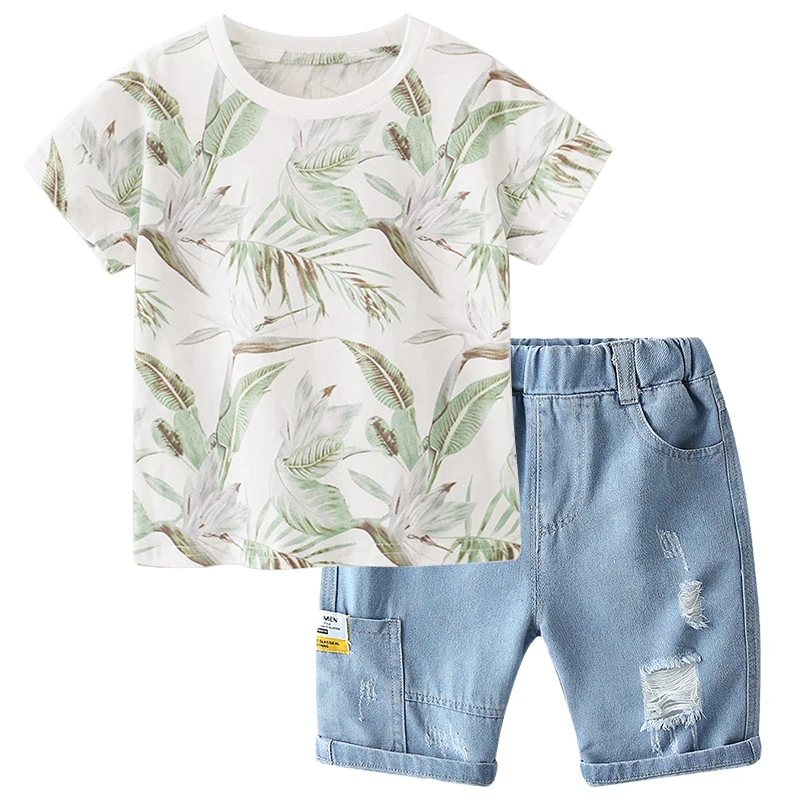 BINIDUCKLING Summer Child Outfits Leaf Printed Boys Kids Clothes Set Cotton Short Sleeve T-shirt+Short For Toddler Boy Clothing | Детская