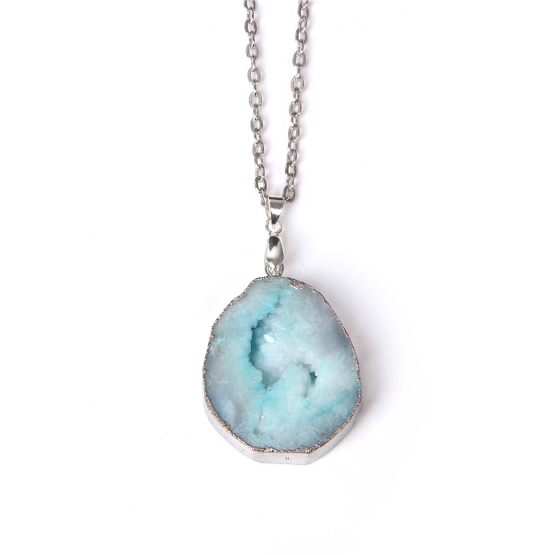 Blue black pink Natural druzy quartz crystal agates gem stone necklace metal chain men women necklace jewelry gift wholesale - Image 6