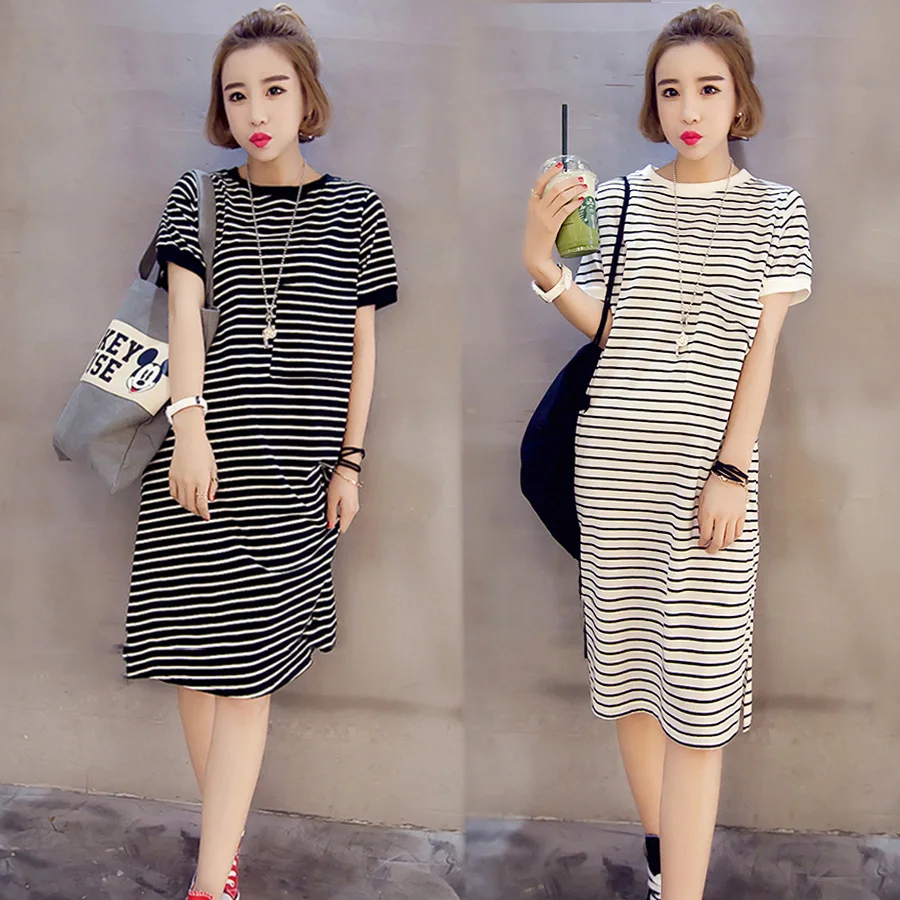 

Lactation Garment Nursing 2019 Summer New Style Mid-length Pure Cotton Short Sleeve Striped Large Size Dress