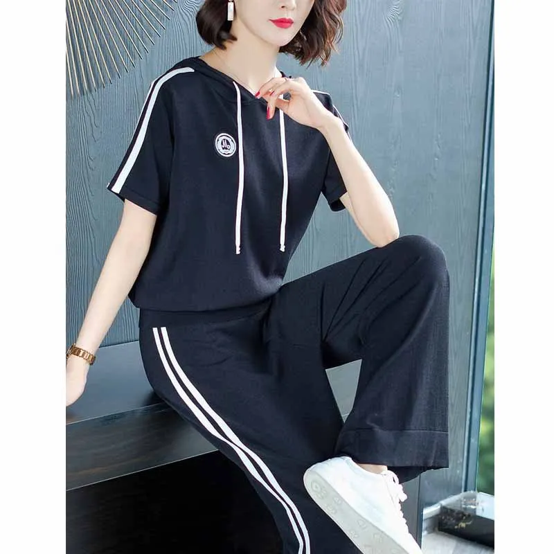 

Loose Pants WOMEN'S Suit Summer 2019 New Style Thin Knit Short Sleeve Casual Sports Clothing Fashion Western Style Two-Piece Set