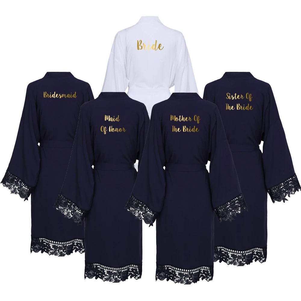 

YUXINBRIDAL 2019 New Navy Solid Cotton Kimono Robes with Lace Trim Women Wedding Bride Robe Bathrobe Sleepwear White Bridesmaid