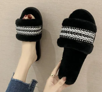 

Solid Comfortable Hot Sale Fur Slippers Women Slides Home Flat Sandals Female Cute Fluffy Outside Shoes