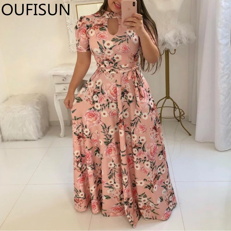 

Oufisun Summer Boho Maix Dress Sexy Hollow Out O-neck Slim Party Dress Fashion Print Short Sleeve Womens Dresses Plus Szie 5XL