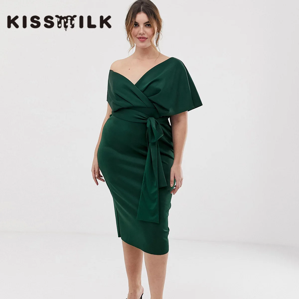 

Solid Color off-Shoulder Cross-Type V-neck Waist Belt Back Slit Mid-length Dress