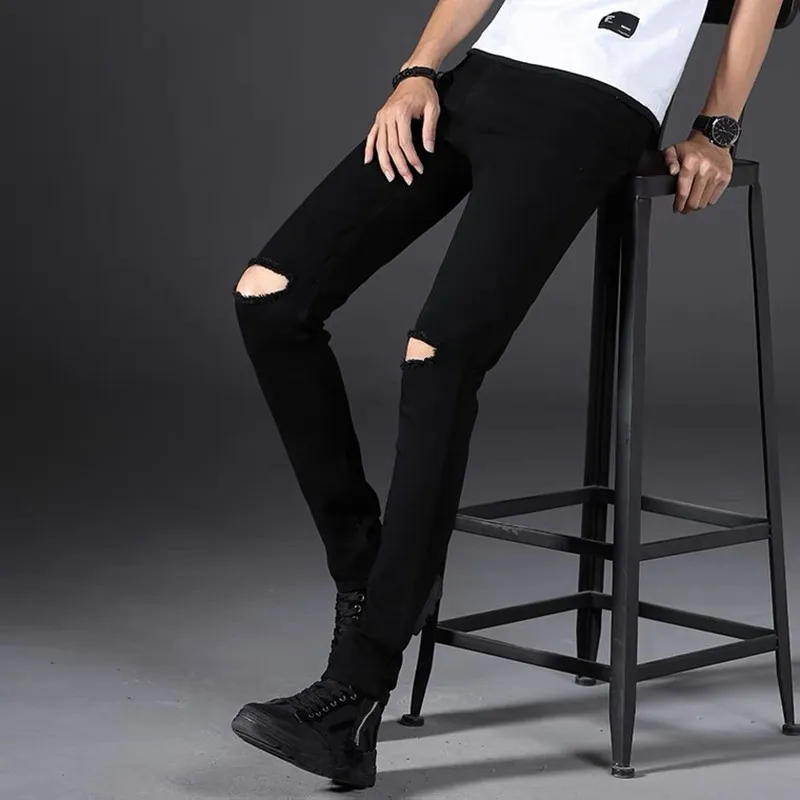 Men's Skinny Jeans Knee Ripped Hole Little Feet Pants Elasticity Slimming Hip Hop Denim Trousers