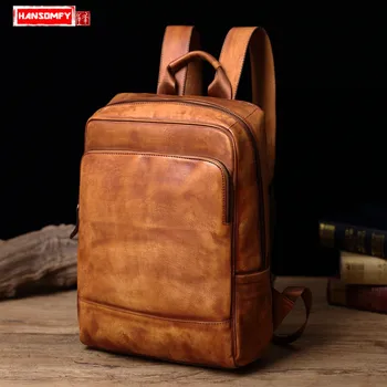 

HANSOMFY Genuine Leather Men Backpack Casual Retro 14" Laptop Bag Men's Shoulder Bag Big Travel Backpacks Korean Version of The