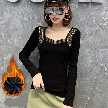

Fashion Korean Rivet Zipper Tshirt Women Tees 2019 New Autumn Winter Diamonds Tops Clothes Camiseta Mujer Bottoming Shirt T90011