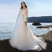 Пляжные шифоновые Свадебные платья с длинным рукавом Vestido De Noiva глубокий v-образный вырез кружевные аппликации свадебные платья на пуговицах