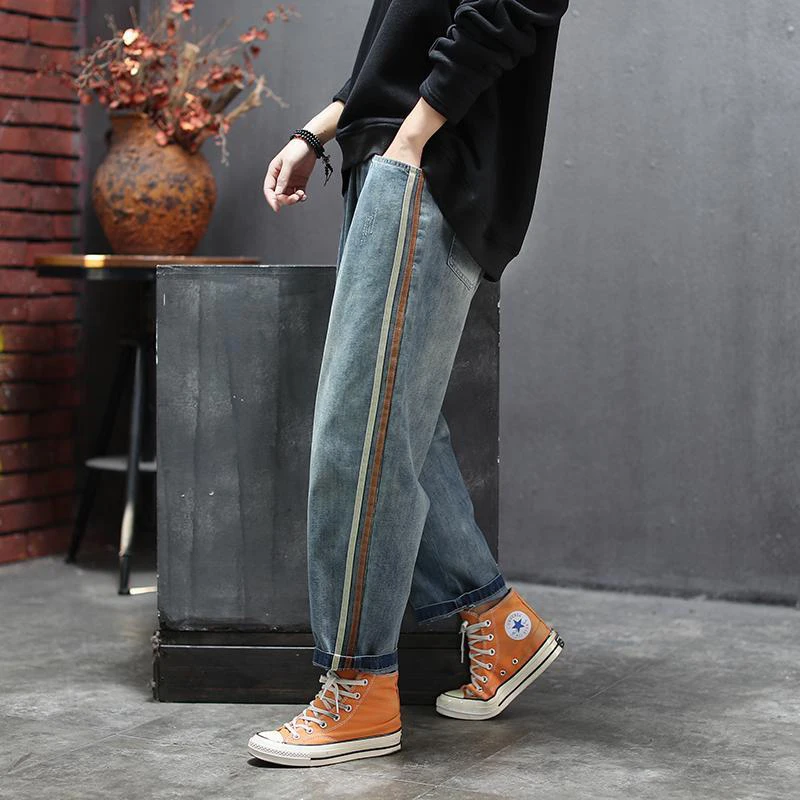 New Arrival Spring Women Elastic Waist Loose Jeans All-matched Casual Cotton Denim Harem Pants Side Stripe Vintage Jeans S612 new arrival summer women harem pants all matched casual cotton denim pants elastic waist yellow white jeans