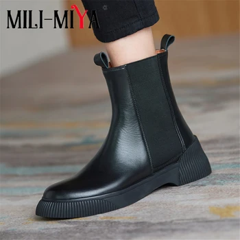 

MILI-MIYA Comfortable Flat Heels Women Cow Leather Ankle Boots Round Toe Slip-On Stretch Fabric Shaft Size 34-40 Handmade