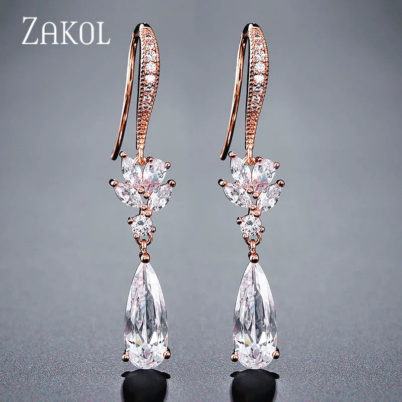 ZAKOL White Color Flower Shape Zircon Water Drop Crystal Pendant Drop Earrings For Women Bridal Wedding Jewelry FSEP50L