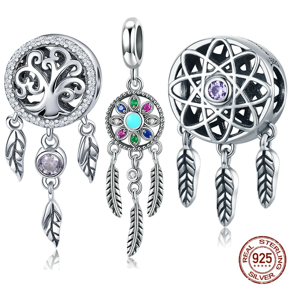 BISAER, серебряные бусины 925 пробы, Ловец снов, подвески, Ловец снов, бусины, подходят для шарма, серебро, 925, браслет, Винтажные Ювелирные изделия ECC330