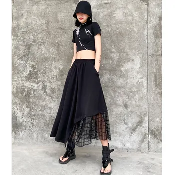 

XUXI Women Summer Irregular Skirt A- Line Mid-long Large Size High Waist Stitching Mesh Long Skirt Female FZ1501