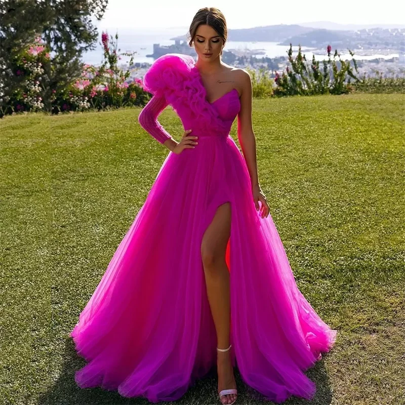 Fuchsia A Line Evening Dresses One Shoulder Ruffles Tulle Women Long Sleeves Prom Gowns High Side Slit Formal Robe De Mariée | Свадьбы и