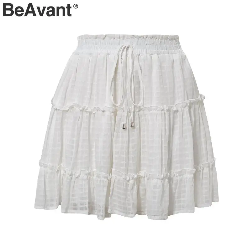 BeAvant плиссированная короткая юбка с высокой талией, женская элегантная кружевная трапециевидная Женская мини-юбка, Повседневная Уличная одежда, женские хлопковые юбки - Цвет: Белый