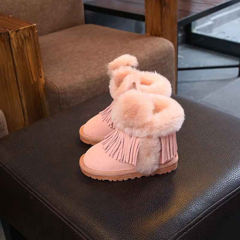 Pink Милые зимние сапоги для девочек с кисточками новые Нескользящие зимние сапоги для отдыха с эльфом и кроликом теплая обувь для больших детей детская обувь Хлопок - Цвет: Pink