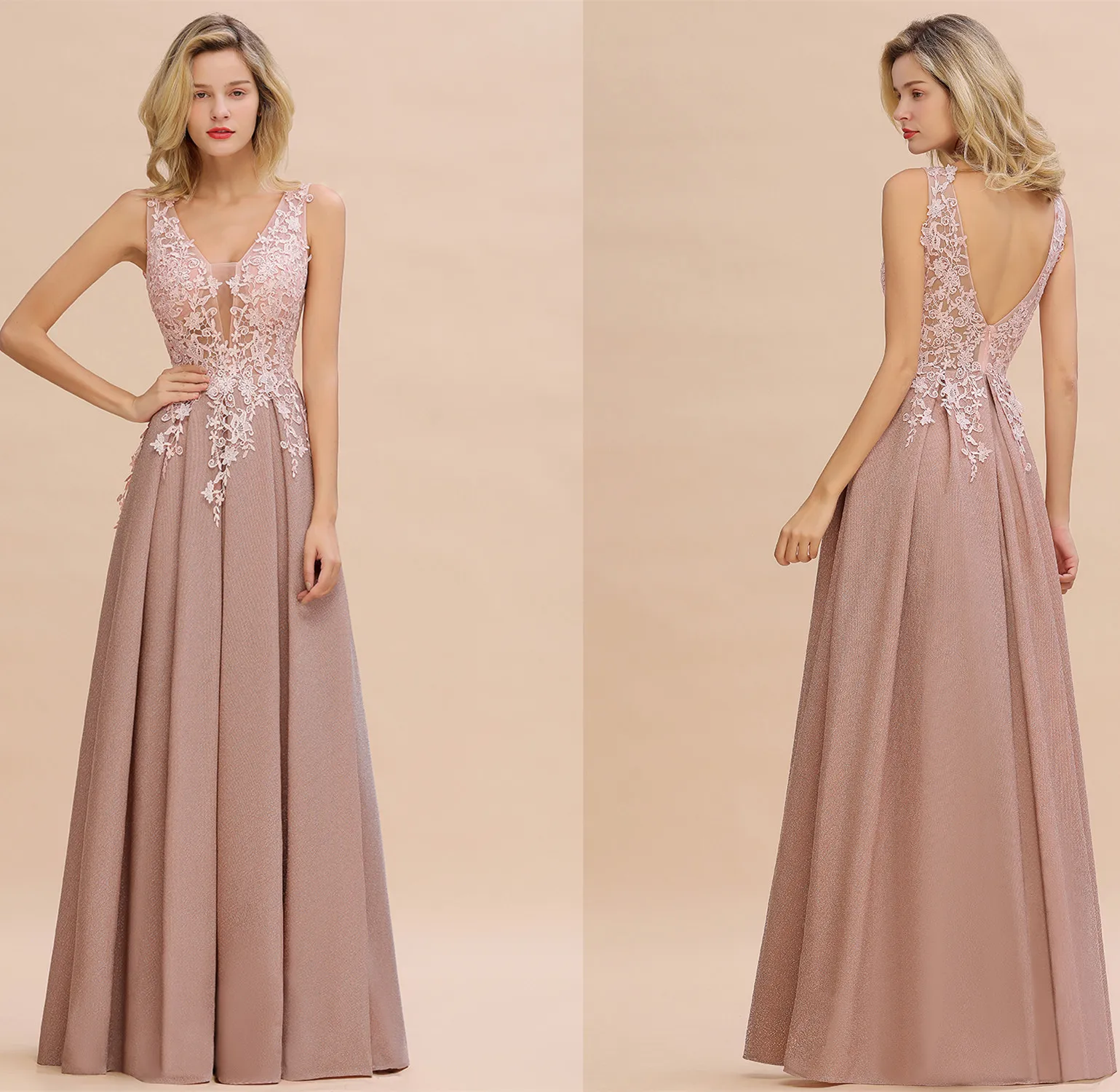 Stof Roze Mouwloze Lange Avondjurk Elegante Kant Applicaties Party Dress Sexy Backless A Line Partij Jassen vestidos de novia Stof Roze Mouwloze Lange Avondjurk Elegante Kant Applicaties Party Dress Sexy Backless A Line Partij Jassen vestidos de novia