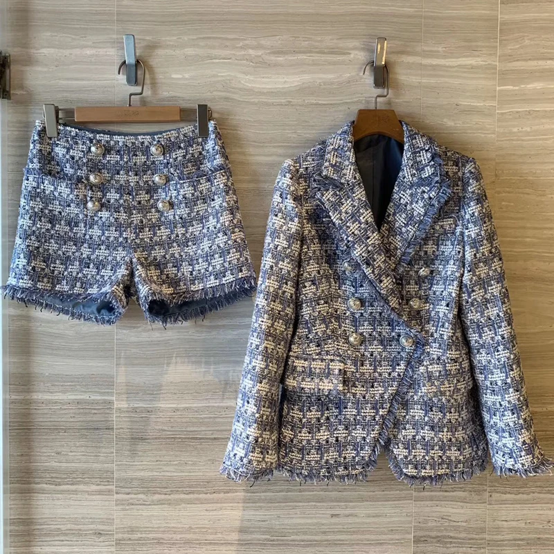

Famous Brand Designer Women's Sets High Quality Plaid Single Button Jacket Top With Short Pants Set Clothes For Women Femme