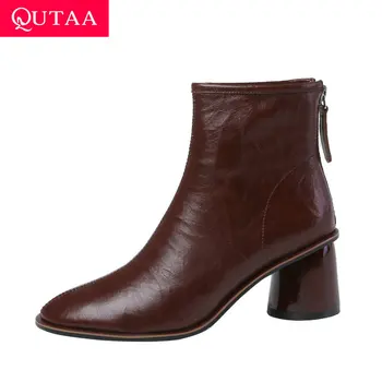

QUTAA 2021 Round Toe Autumn Winter Ankle Boots Cow Leather Zipper Ladies Pumps Square High Heel All Match Women Shoes Size 34-39