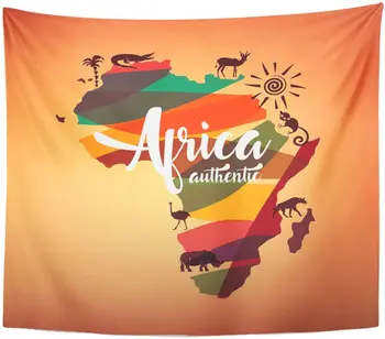 

African Africa Travel Map Symbol of Continent Wild Animals Tapestry Home Decor Wall Hanging for Living Room Bedroom Dorm 50x60