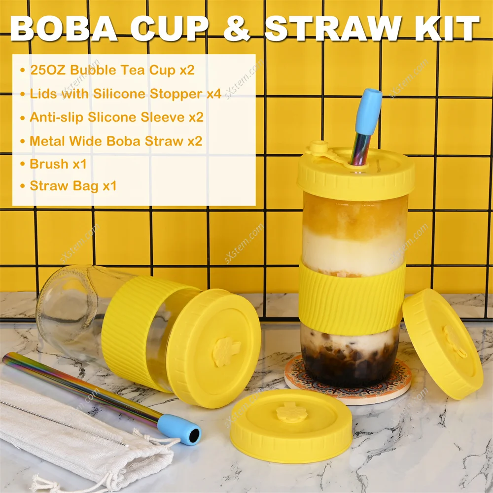 Reusable Smoothie Cups Boba Tea Cups with Lid and Straw Bubble Tea Cup  Glass Tumbler Travel Mug Wide Mouth Mason Jar Cups - AliExpress