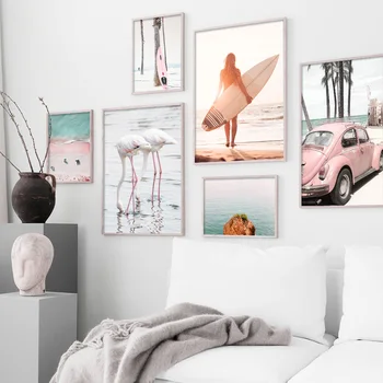 

Ocean Beach Car Flamingo Coconut Tree Surfboard Nordic Posters And Prints Wall Art Canvas Painting Wall Pictures For Living Room