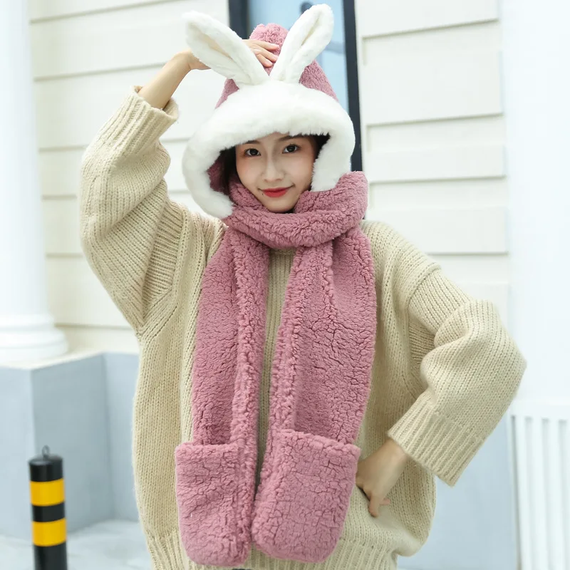 

Women Autumn Winter Thick Warm Faux Fur Rabbit Ears Hat Scarf Gloves One-piece Students Winter Hat and Scarf Set for Women Girls