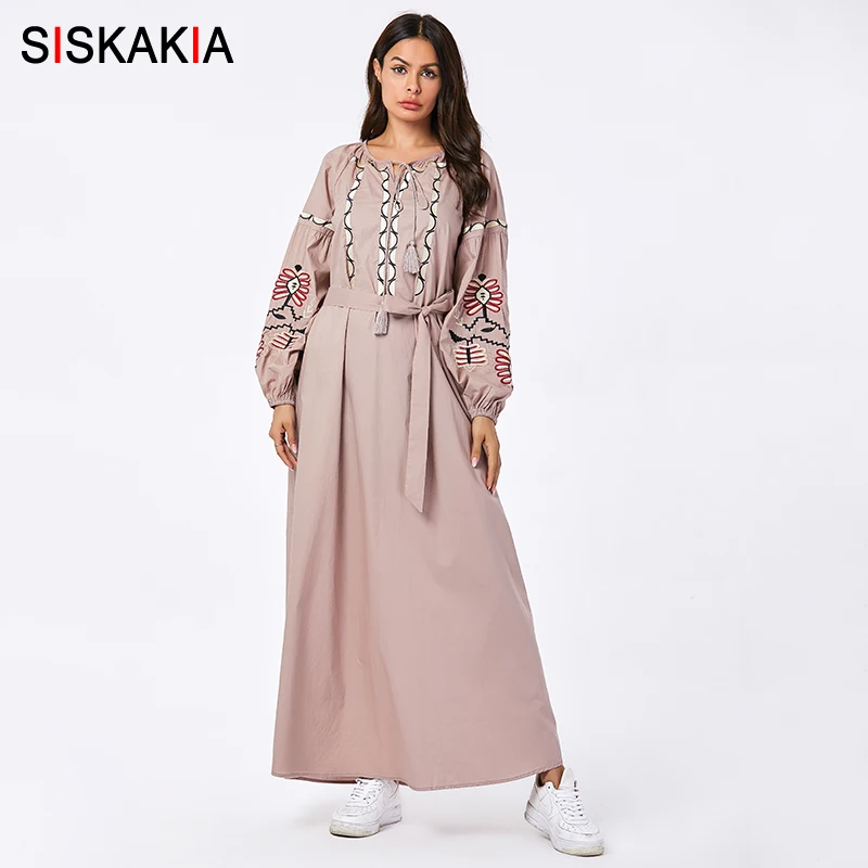 Khaki dress Siskakia Макси платье с длинным рукавом цвета хаки Геометрическая Цветочная вышивка размера плюс платья для женщин осень кисточка шнурок - Цвет: Khaki dress