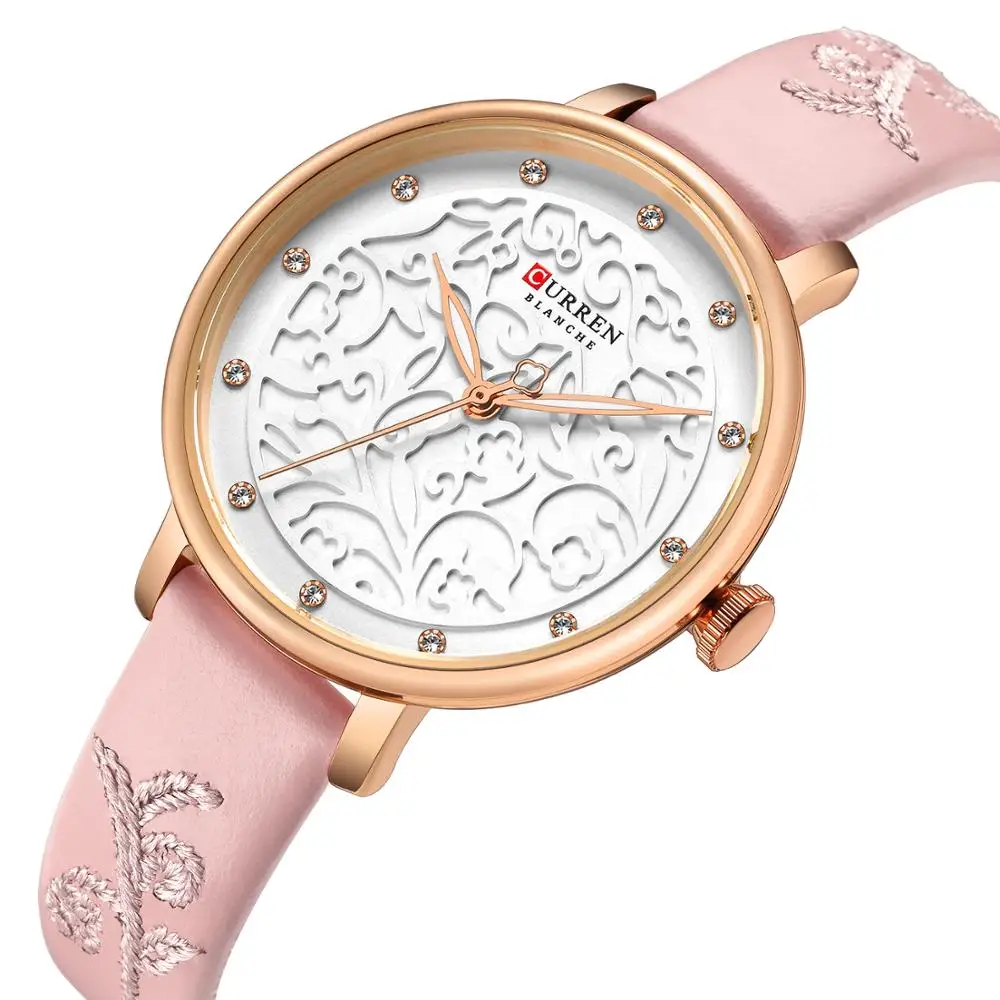 

CURREN Ladies Watch Rhinestone Quartz Watch 2019 Modern Fashion Pattern Wristwatch Waterproof Pink Leather Band Relуgio Feminino
