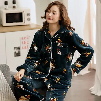 

Warm Winter Pajamas Set Women Sleepwear Warm Flannel Long Sleeves Pajamas Dark Blue Homewear Thick Home Suit M L XL XXL XXXL