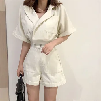 

Korean Lapel High Waist Denim Romper Women Casual Elastic Jeans Loose Jumpsuits Short Playsuits Solid Overalls