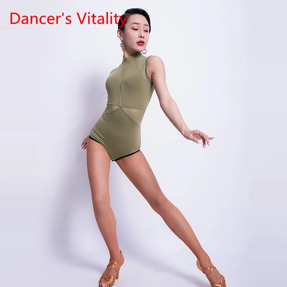 

Latin Dance New Body Suit Female Adult Sexy Onesies Dance Costume woman Stand Collar Competition/Performance Clothes