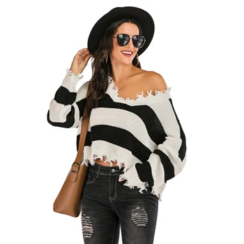 

Basic Deep V-Neck Autumn Winter Sweater Pullover Women Female Knitted Sweater Slim Long Sleeve Bodycon Sweater Stripe Sweater