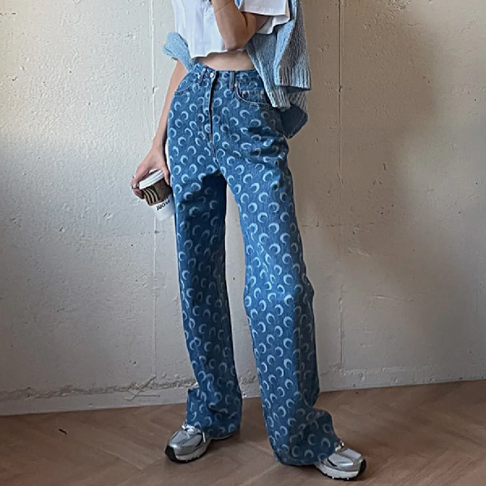 slim fit Moon Print Pants Straight Leg Mom Jeans Women High Waist Denim Trousers Slim Streetwear 2021 Fashion Y2k Style Baggy Clothing cargo pants for women