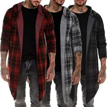 

Goocheer Stylish Men Hoodie Warm Hooded Tops Plaid Open Stitch Coat Jacket Casual Outwear Overcoat Trench