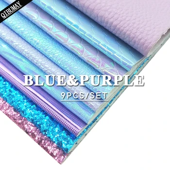 

QIBU 9pcs 22*30cm Purple&Blue Faux Leather Sheets A4size Chunky Glitter Fabric DIY Earring Accessories Handmade Bow Bag Material