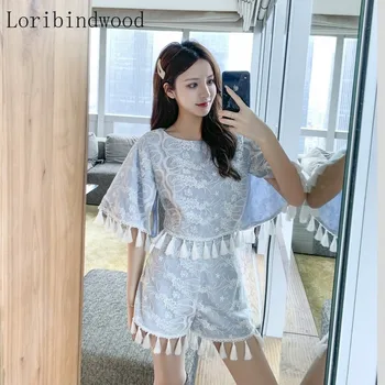 

Elegant Vinatge Women Two Piece Sets Bat sleeves Tassel Top High Waist With Shorts embroidery Flowers Suit Female Tide