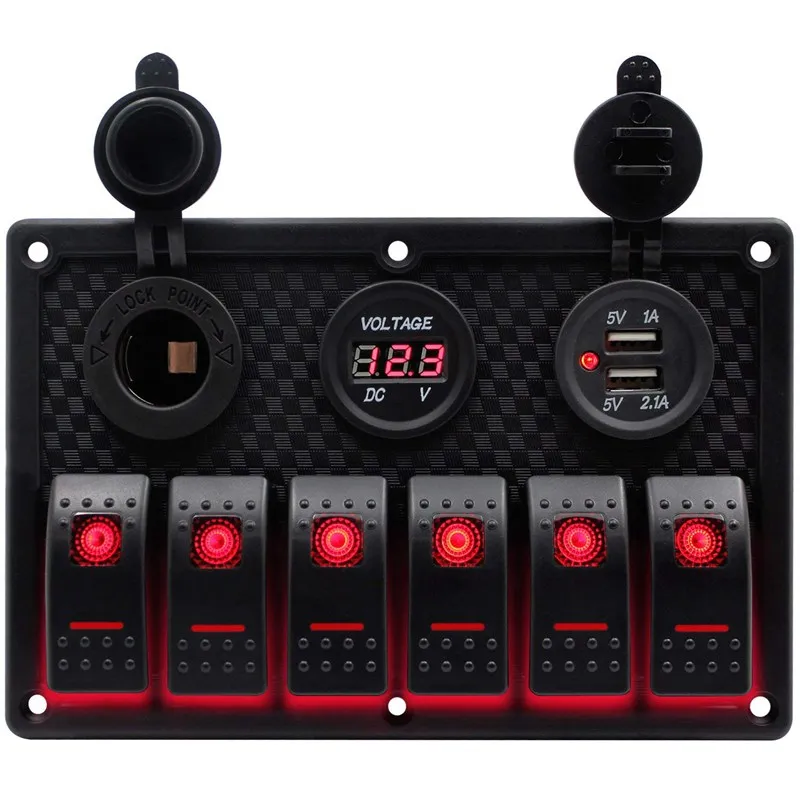 

Waterproof 6 Gang Marine Boat Rocker Switch Panel With Fuse 4.2A Dual USB Slot Socket + Digital Voltage Display + Cigarette Ligh