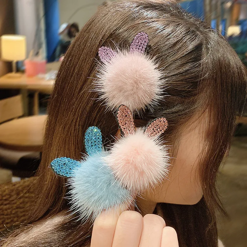 2021 New Mink Hair Seamless Clip Girls Hair Accessories Net Red Bangs Plush Side Clip Clip Headdress