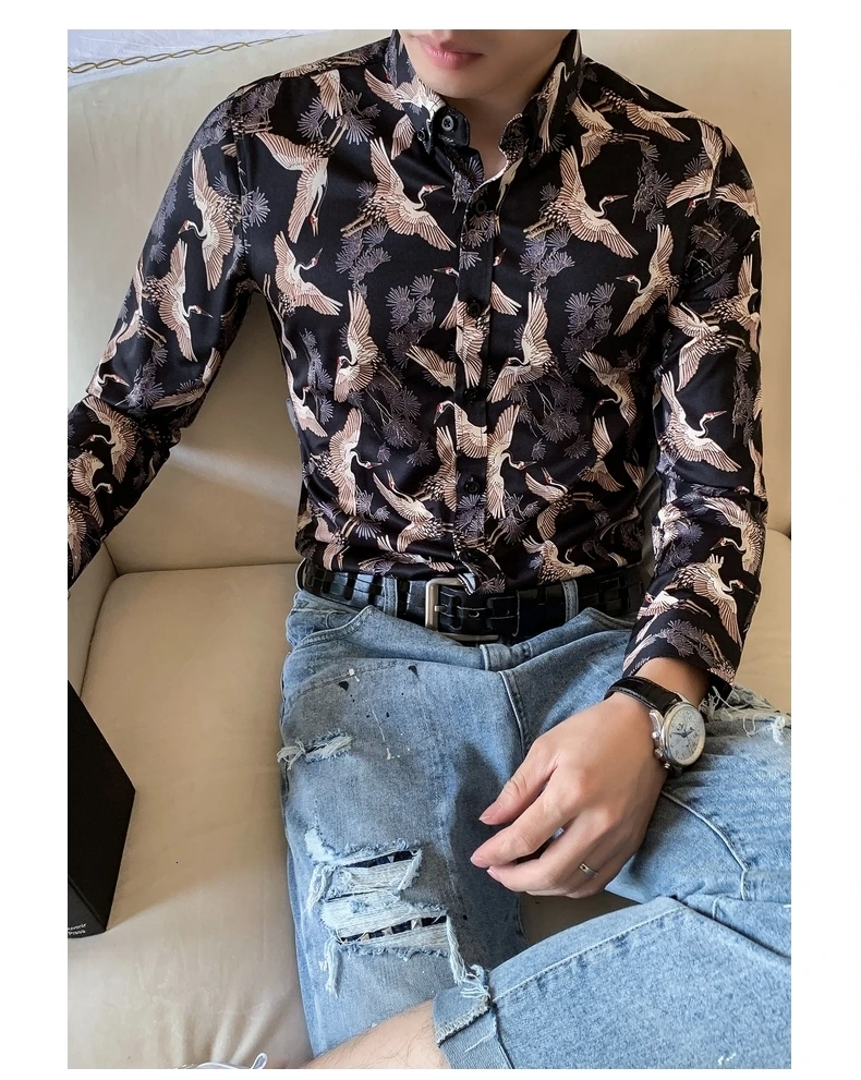 Уличная одежда, повседневные рубашки, верхняя одежда, Camisas Para Hombre, осенняя длинная Мужская рубашка с золотым принтом, Мужская сорочка, Homme Manche Longue, мужская рубашка