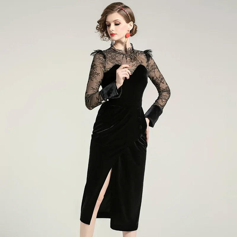 D907216 Velvet Dress 2020 Season Self-cultivation Gauze Split Joint A A-line Skirt D907216 Velvet Dress 2020 Season Self-cultivation Gauze Split Joint A A-line Skirt