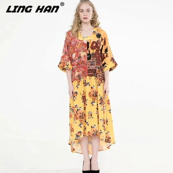 

LINGHAN Designer Women Spring Summer 2020 Floral Print Short Sleeve Irregular Dress New Dresses Fashion Female Vestidos