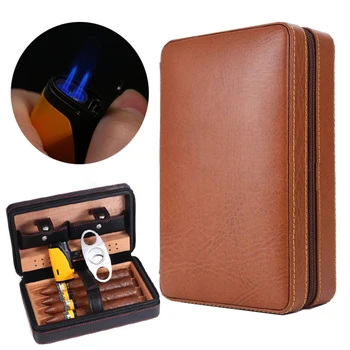 

Cigar Case Humidor Portable Cedar Wood Leather Travel Humidor Humidifier Set Gift Box (Without lighter cutter)