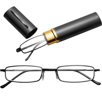 

1PC Unisex Stainless Steel Resin Reading Glasses With Tube Case Women Men Portable Mini Business Eyeglasses +1.00-+4.00