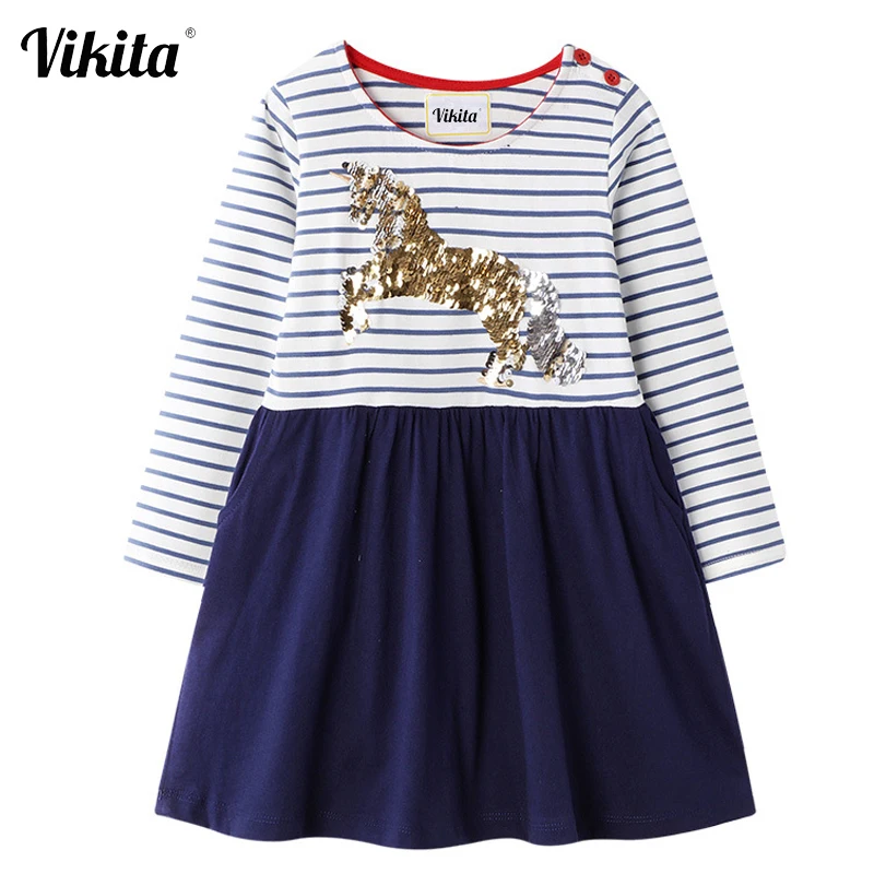 VIKITA vestido infantil Unicornio/платья с длинными рукавами с героями мультфильмов для девочек; платье для девочек с аппликацией в виде животных; осенняя одежда для девочек с единорогом
