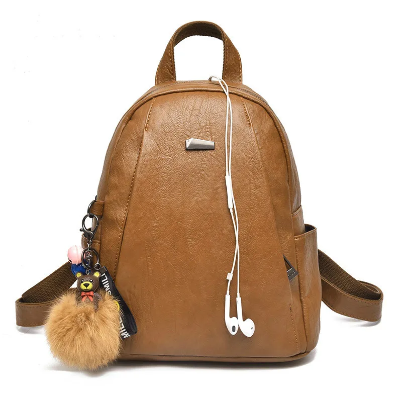 High Quality Leather Women Backpacks Cute Rucksacks for Girls Solid Travel Luxury Designer Bagpack with Pendant Sac A Dos | Багаж и сумки