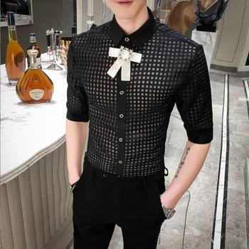 

Black Plaid Shirt Men's Social Shirts Short Sleeve Man Hawaiian Lace Shirt Summer White Casual Slim Fit Male Fashions Blouses